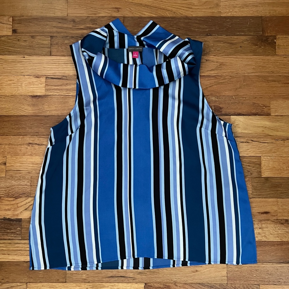 NWOT Vince Camuto Striped Large Blue & Black Blouse, Mock Neck Style